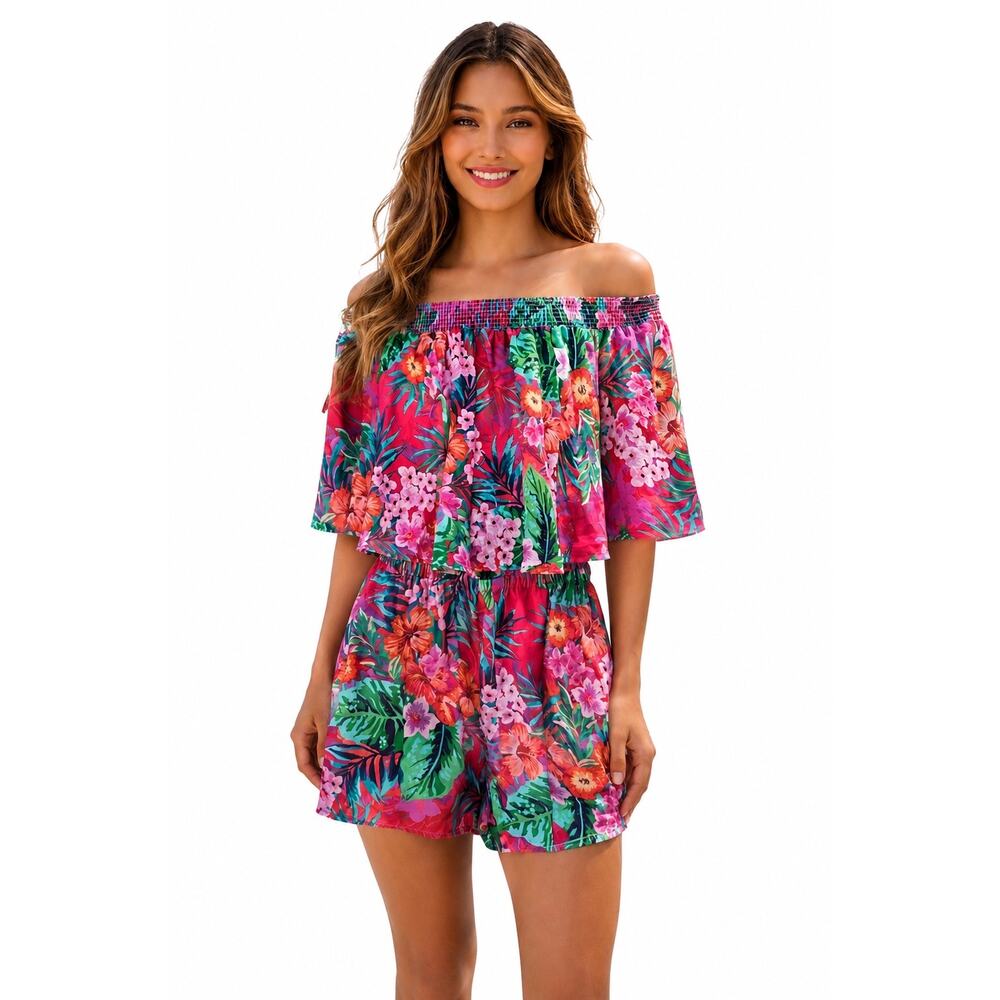 Show Me Your Mumu Tropical Floral Off Shoulder Romper Small Beach Vacation